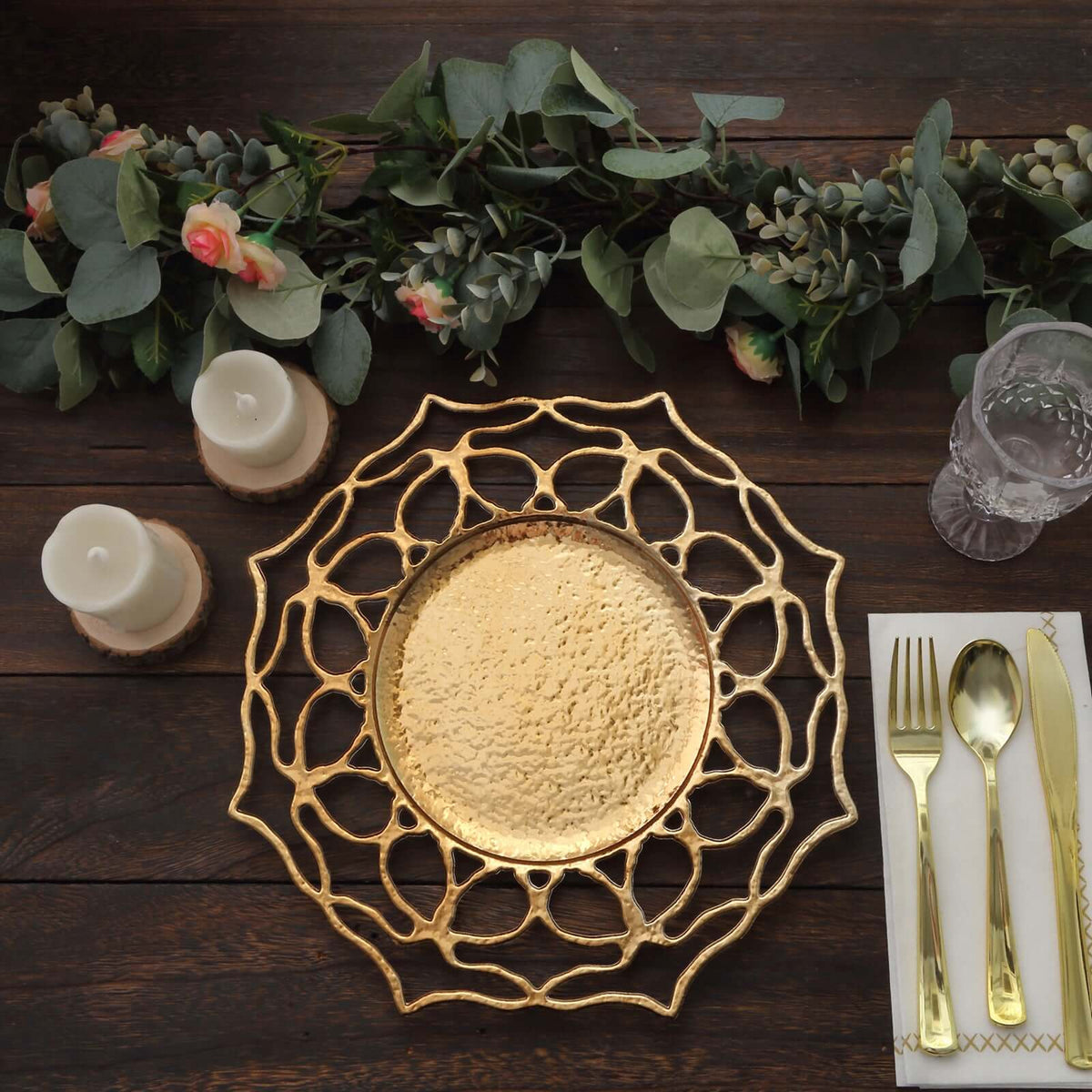 6-Pack Acrylic Charger Plates 13" Round Gold Floral Cutout Design - Hollow Flower Plastic Decorative Dinner Party Charger Tableware
